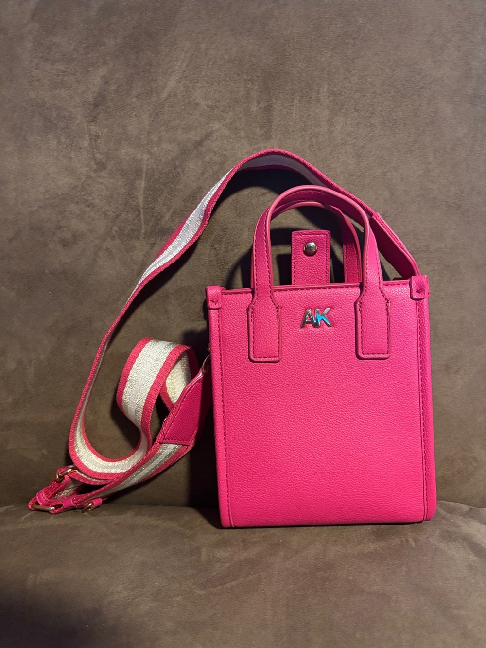 Anne Klein Hot Pink Mini Tote Crossbody Bag with Stripe Strap